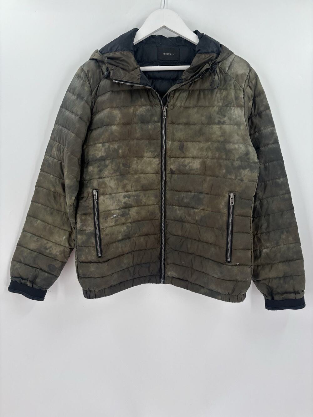 Isaora Mens M Garment Dyed Goose Down Puffer Jacket Green Hooded Quilted Zip